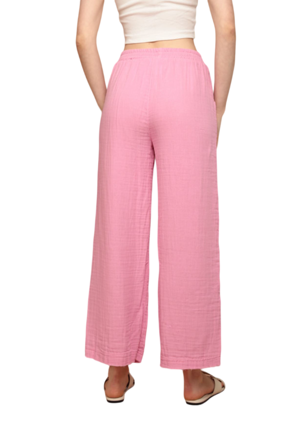 Muslin Fabric (%100 Cotton) Elastic Waist, Wide Leg Women's Trousers - Pink - Image 3