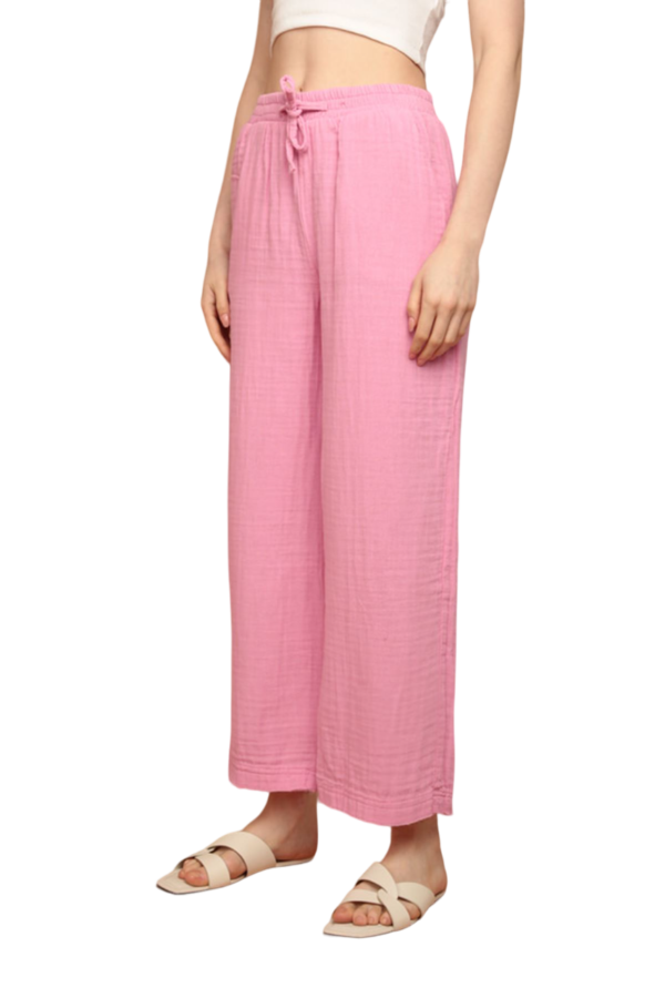 Muslin Fabric (%100 Cotton) Elastic Waist, Wide Leg Women's Trousers - Pink - Image 2