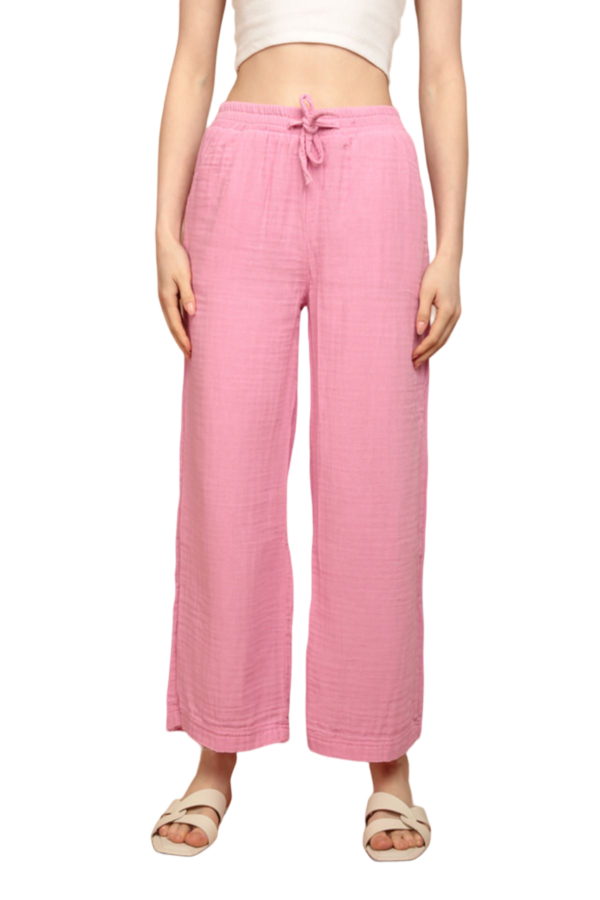 Muslin Fabric (%100 Cotton) Elastic Waist, Wide Leg Women's Trousers - Pink