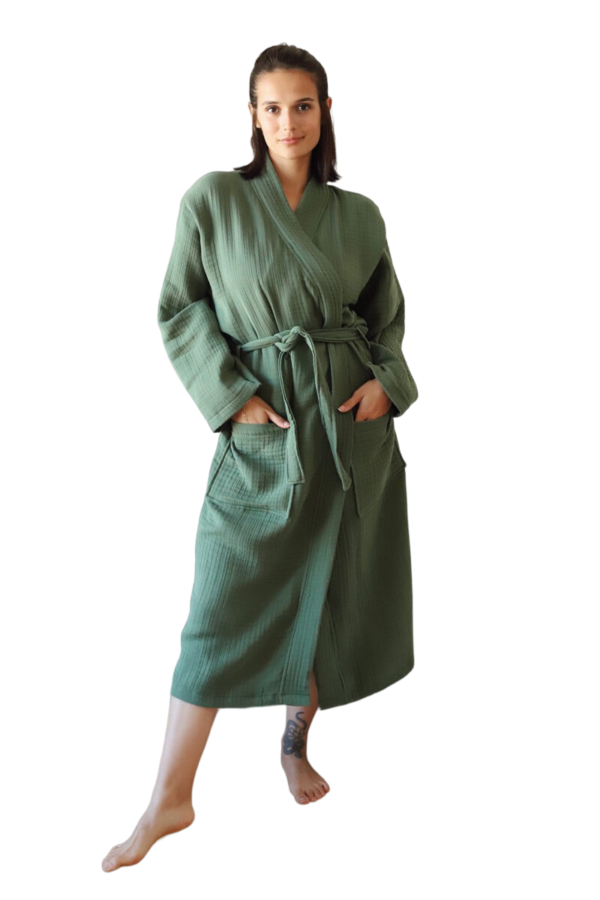 Unisex Luxury Muslin Cotton Bath Robe Towelling Dressing Gown Terry Towel Soft Khaki - Image 2