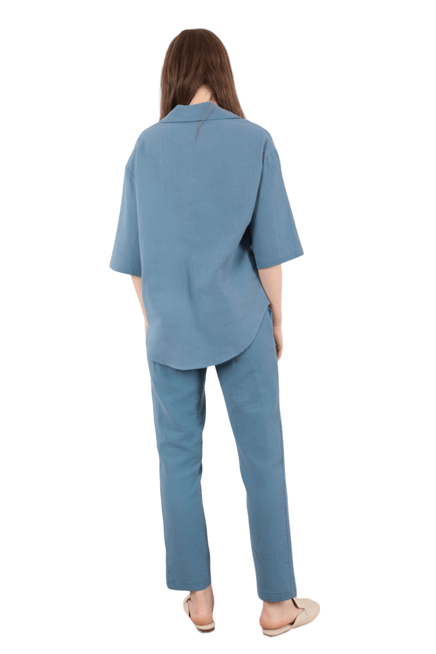 Jacket Collar Muslin Fabric Women Shirt - Navy Blue - Image 2