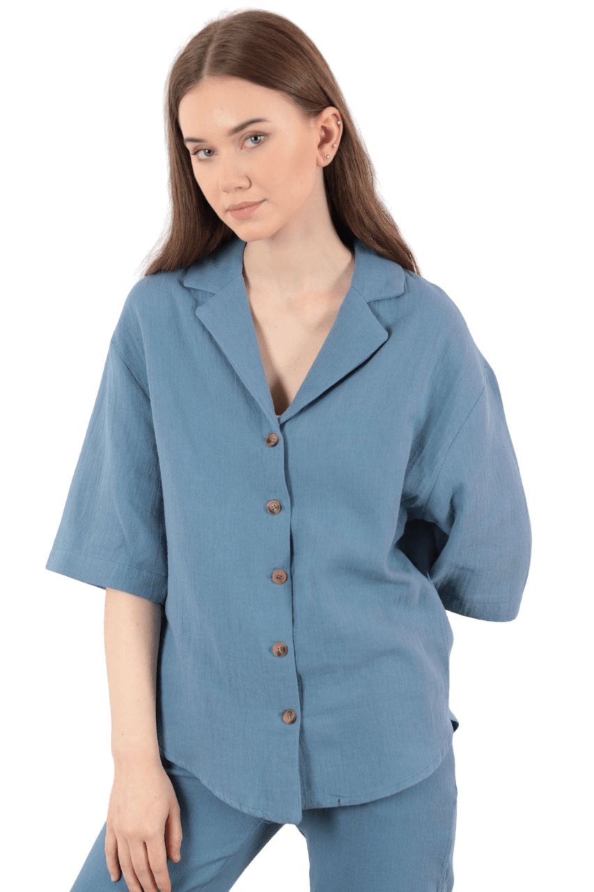 Jacket Collar Muslin Fabric Women Shirt - Navy Blue - Image 3
