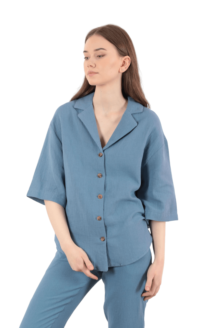 Jacket Collar Muslin Fabric Women Shirt - Navy Blue