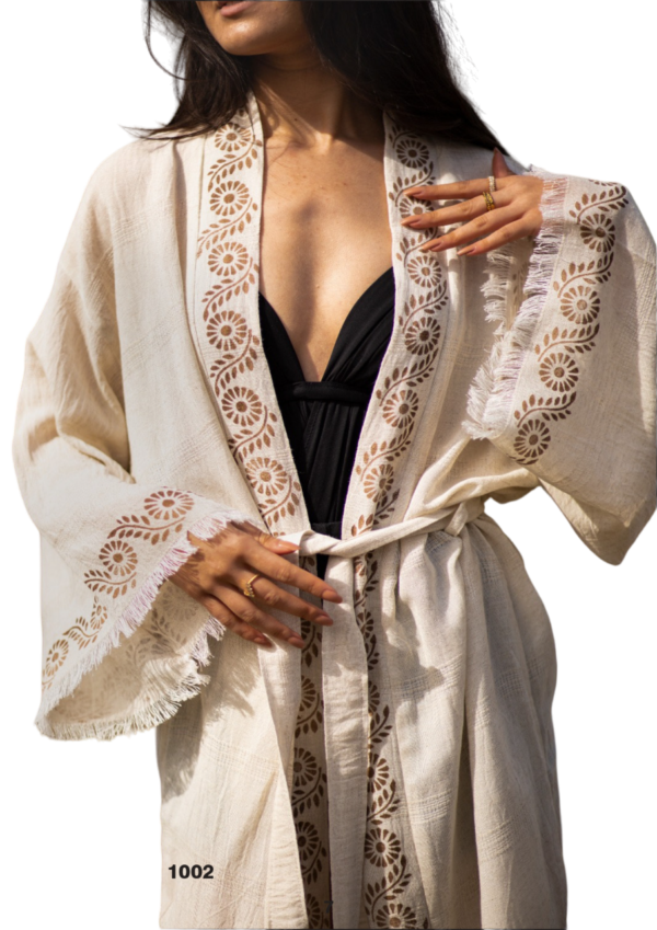 Traditional Wood Block Printed Handmade Linen Kimono & Beach Cover Up - Image 2