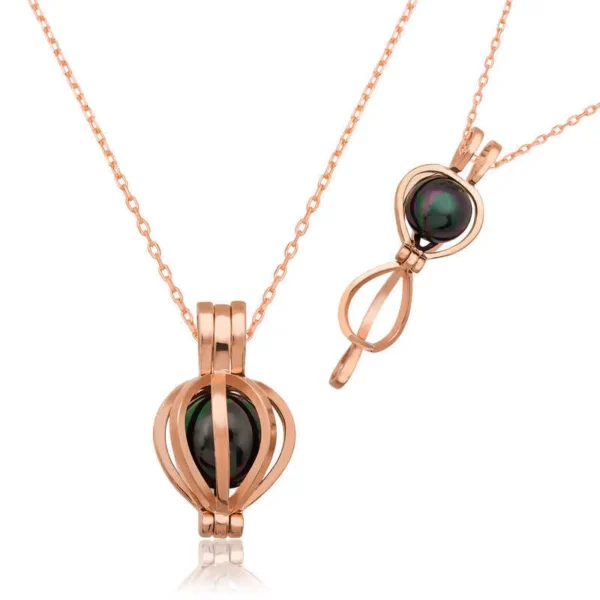 Mystical Beauty: Rose Gold Cage Pendant With Black Pearl Women Necklace