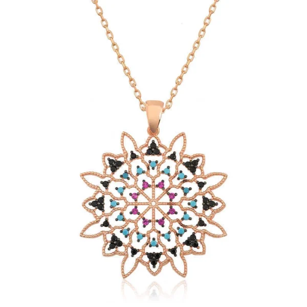 925k Rose Gold-Plated Women’s Colorful Medallion Necklace – Stylish Jewelry