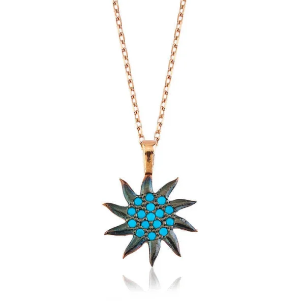 925k Stunning Turquoise Sun Pendant In Rose Gold – Unique Statement Piece
