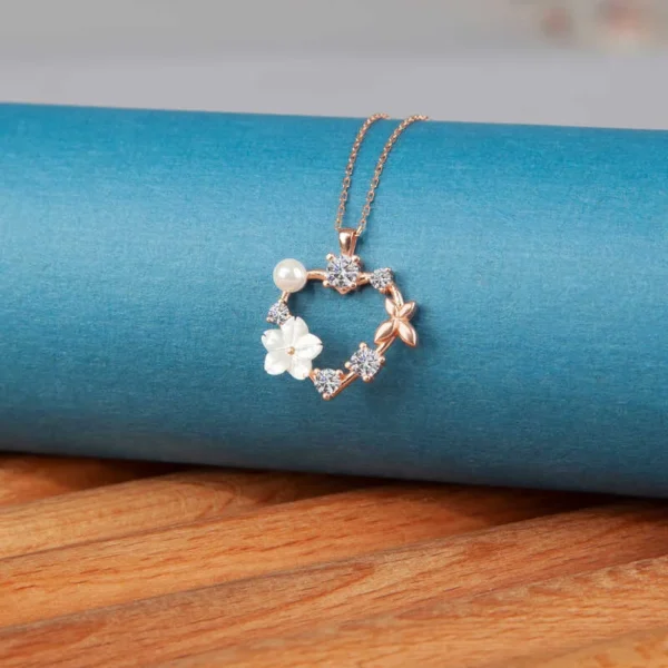 925k Elegant Rose Gold Heart Pendant Necklace With Pearls And Floral Accents