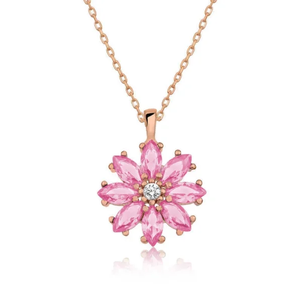 925k Sterling Silver Elegant Rose Gold Pink Floral Women’s Necklace
