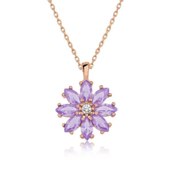 925k Sterling Silver Unique Rose Gold Floral Charm Necklace In Lavender