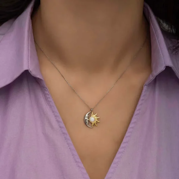 925k Silver Opal White Stone Moon And Sun Women’s Necklace - Image 2
