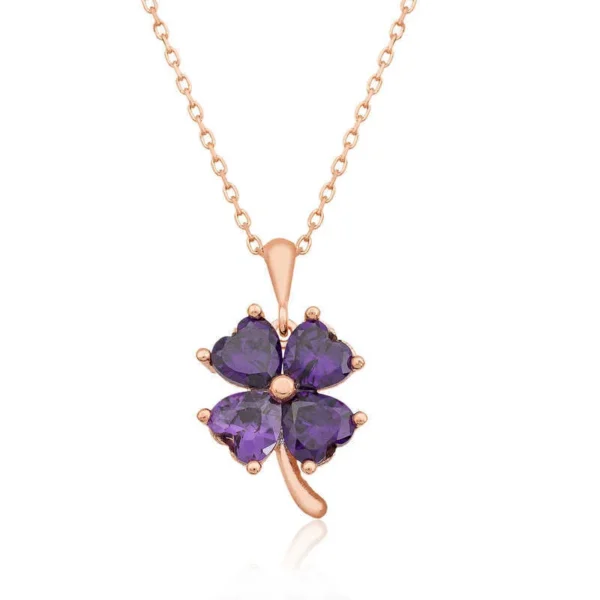Elegant Rose Gold Four-Leaf Clover Necklace With Amethyst Stones – Lucky Charm