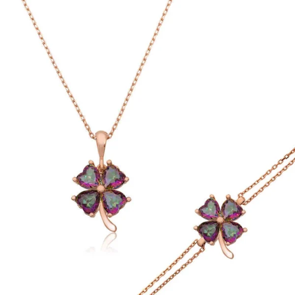 Complete Women’s Jewelry Set Rose Gold Mystic Topaz Clover Necklace And Bracelet