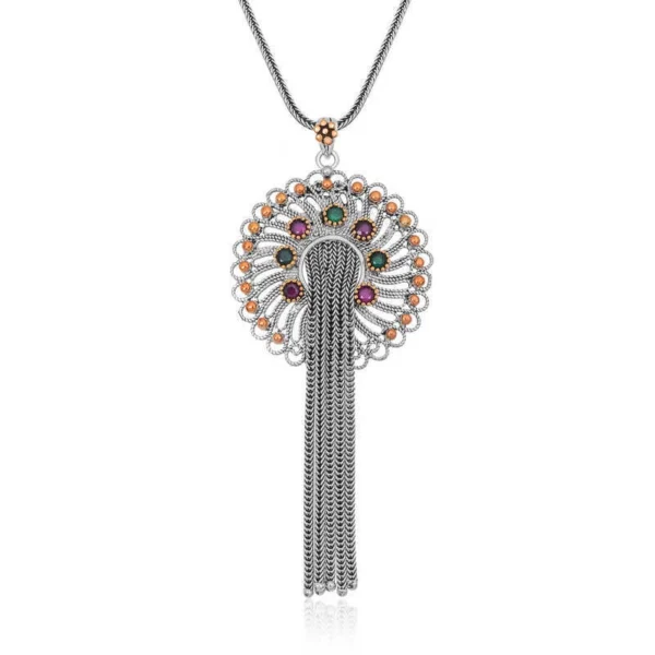 925k Sterling Silver Handmade Filigree Necklace With Ruby And Emerald Gemstones